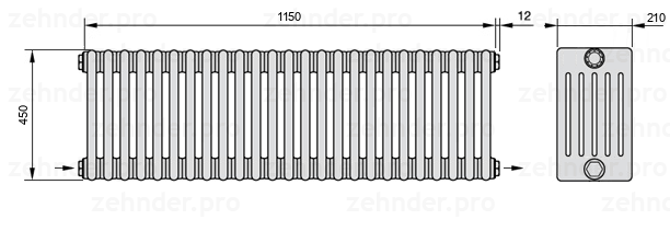Схема (чертеж) Радиатор Zehnder Charleston 6045/25 №2670 Белый глянцевый RAL 9016